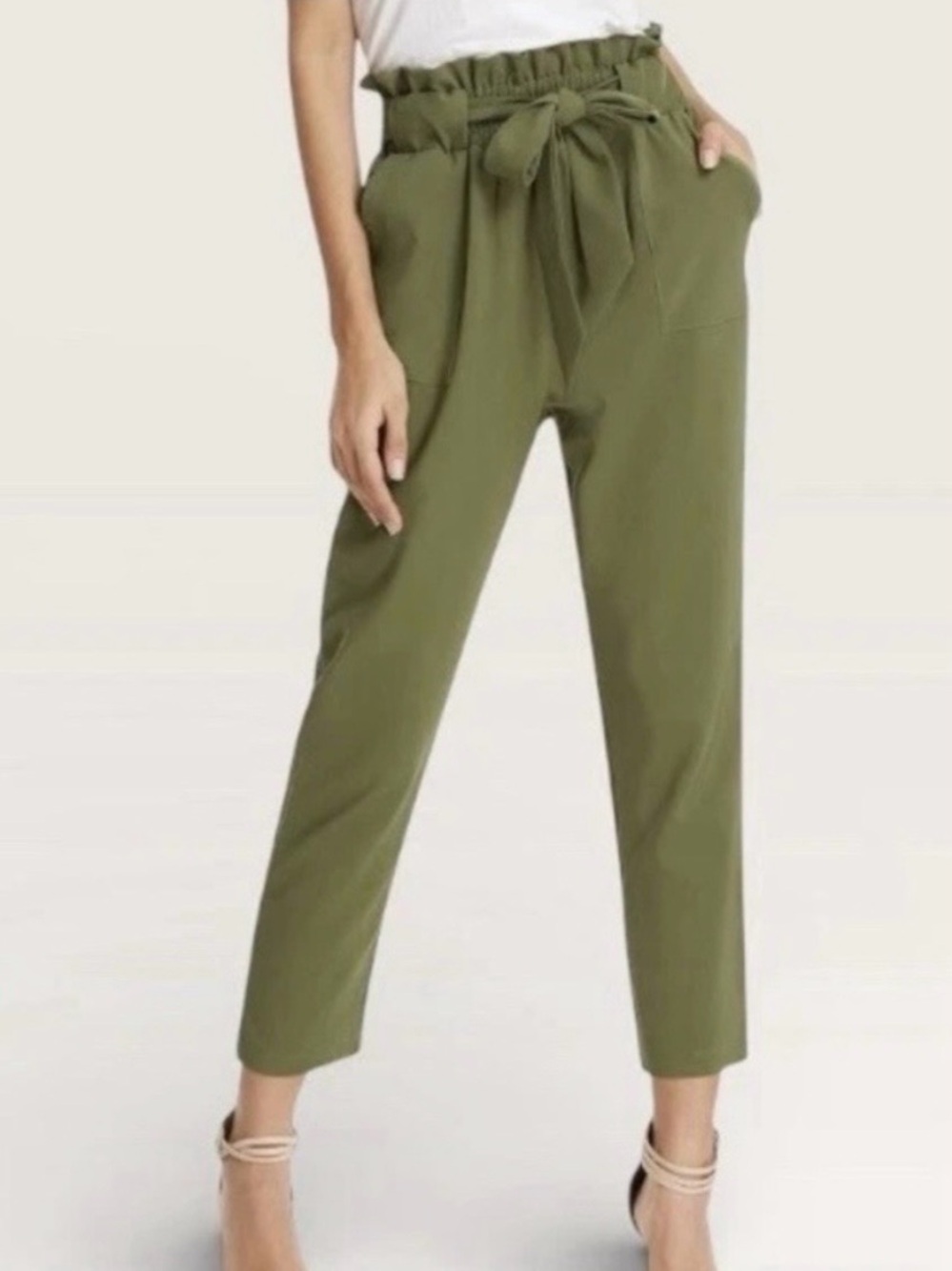 Grace Karin Olive Paperbag Tie-Waist Cropped Pants